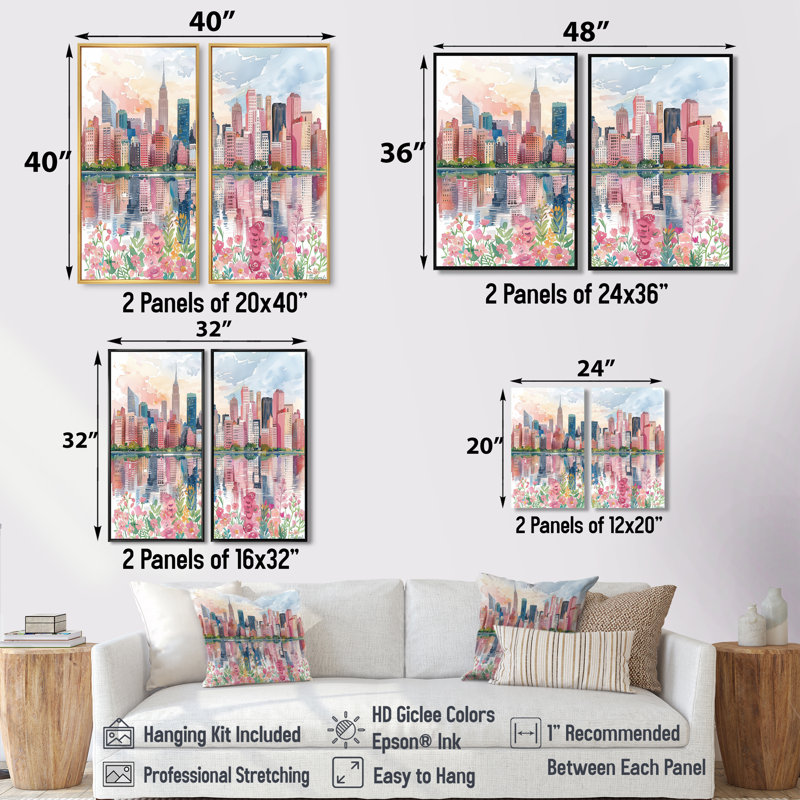 Édifices muraux roses et bleus de New York - Art mural rose 2 pièces, H 32 po x l 32 po, Impression encadrée flottante, Doré