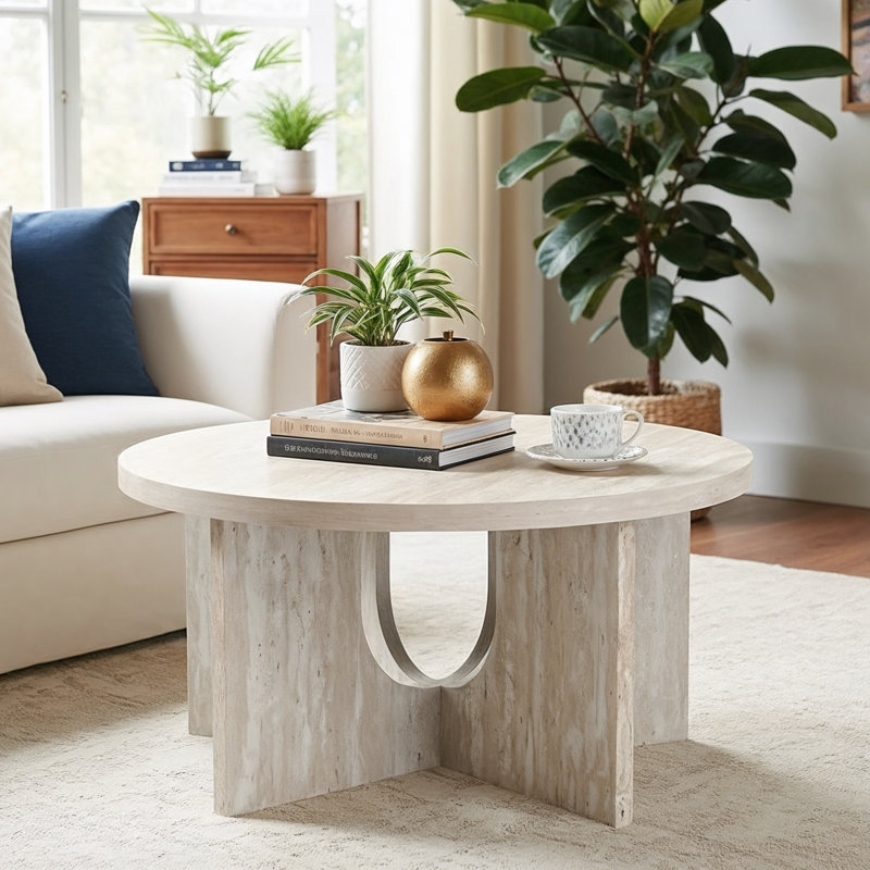 Arvyn Modern 31.5" Cross-Base Round Living Room Coffee Table, Beige