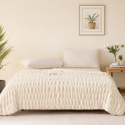 Ruched Faux Fur Throw Blanket with Reversible Design and Silky Soft Texture