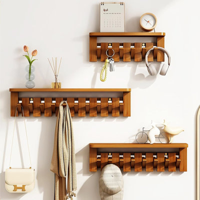 Wall-Mounted Wooden Piano-Key Style Coat Rack With Shelf - Space-Saving Entryway & Bedroom Organizer, Solid Wood Construction, Dual Installation (Drill Or No-Drill)
