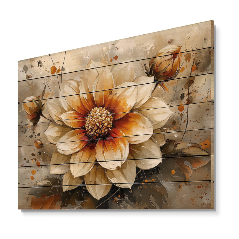 Abstract Orange Dahlia Glow II - Dahlia Wood Wall Decor - On Natural Pine Wood, 30" H x 40" W x 0.78" D
