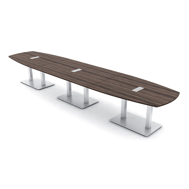 Table de réunion Arc-Boat avec base en métal double 2 modules de puissance et de données, Argent argent, Eucalyptus naturel