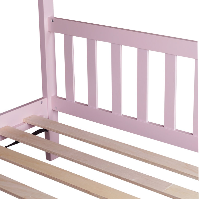Twin Rubber Wood House Bed With Underbed Space & Frame, Pink