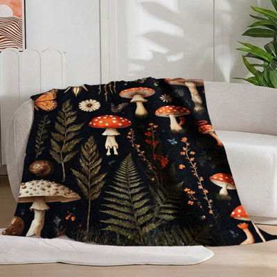 1 pièce fantaisiste champignon couverture douces insectes magiques douces, fougères et fleurs, mystérieux esthétique de forêt pour canapé / lit / voyage 60 * 80