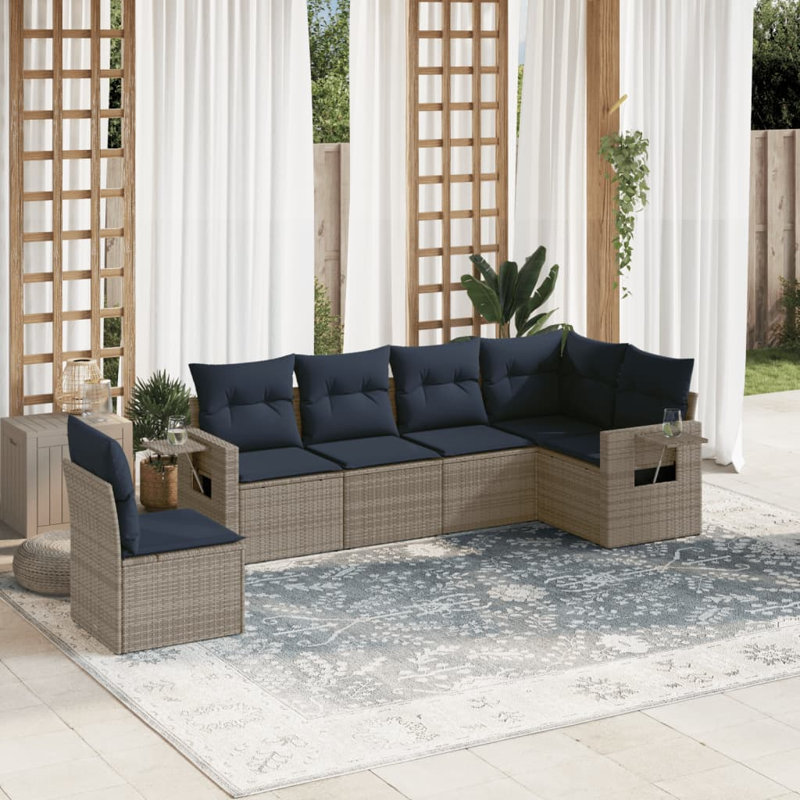 Ensemble de canapé de patio 7 pièces avec coussins en rotin de polyester noir