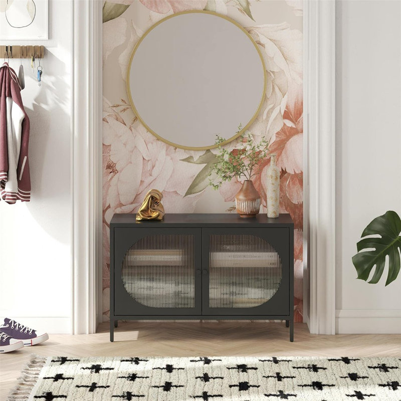 Armoire d'appoint moderne à 2 portes avec verre cannelé, noir
