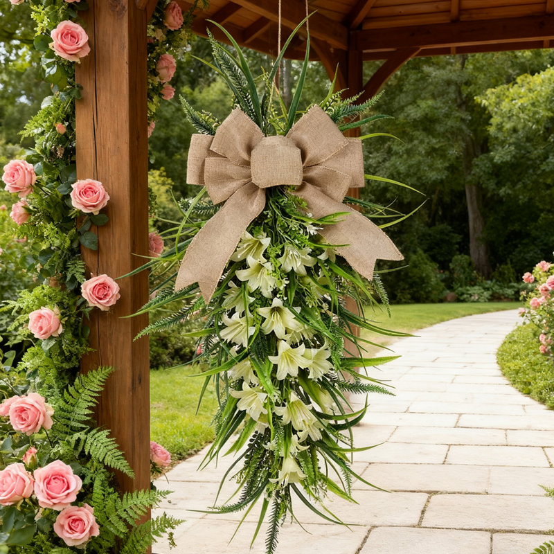 Couronne de larme artificielle 24 pouces avec nœud en toile de jute pour la décoration de la porte d'entrée, fenêtre intérieure et extérieure