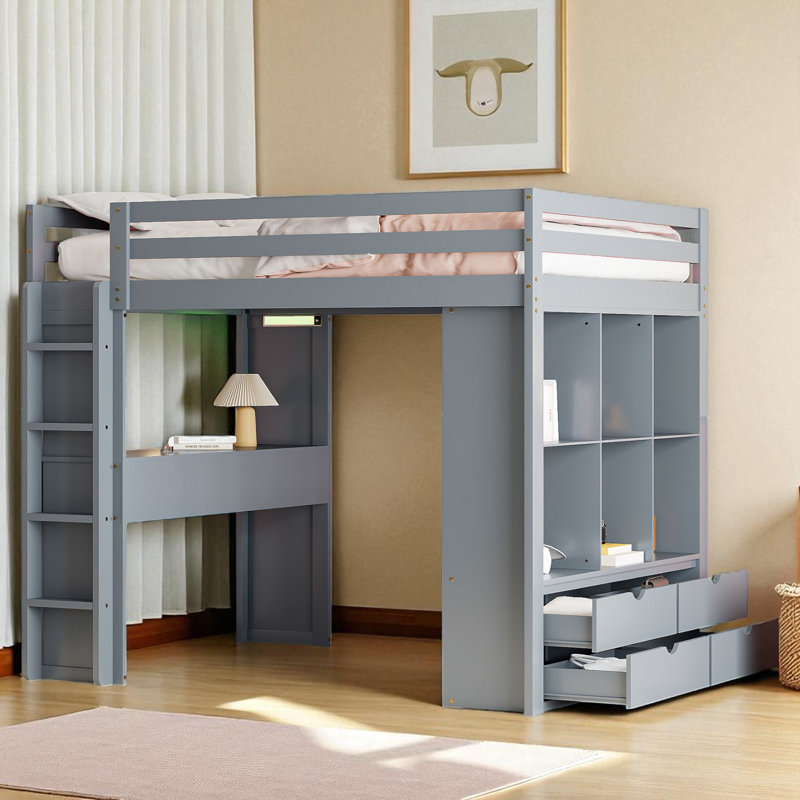 Lit mezzanine avec bureau intégré et rangement, Gris, Double