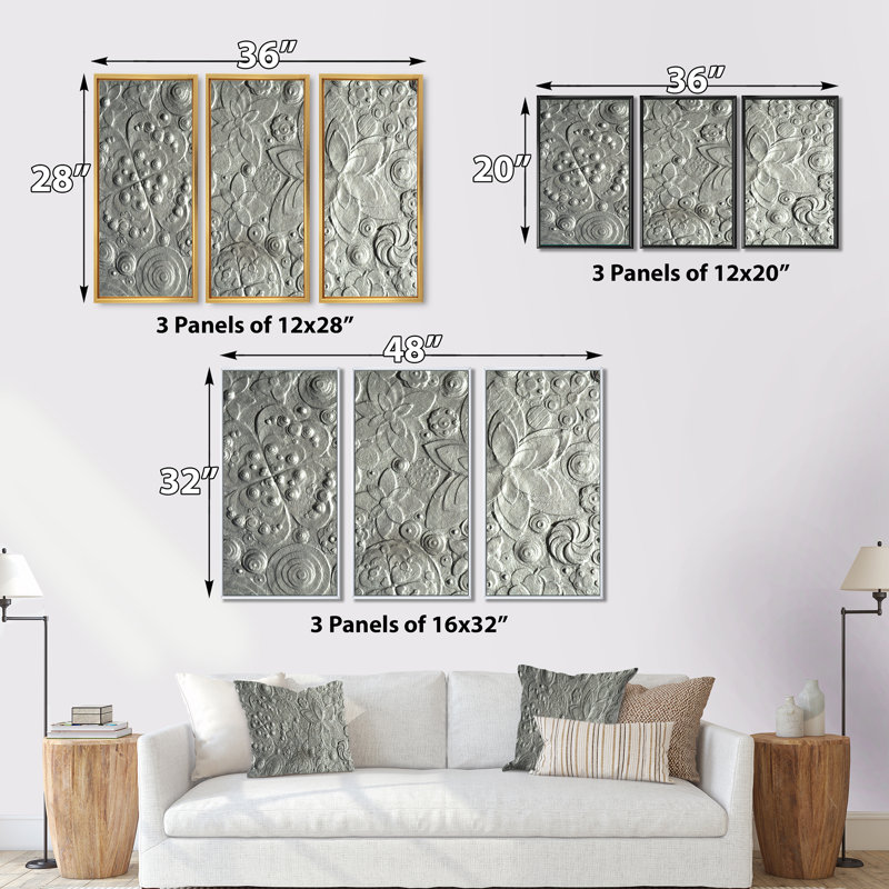 «Silver Flower Embossing», ensemble d'art mural sur toile encadré floral, H 28 po x l 36 po x P 1 po, Cadre noir