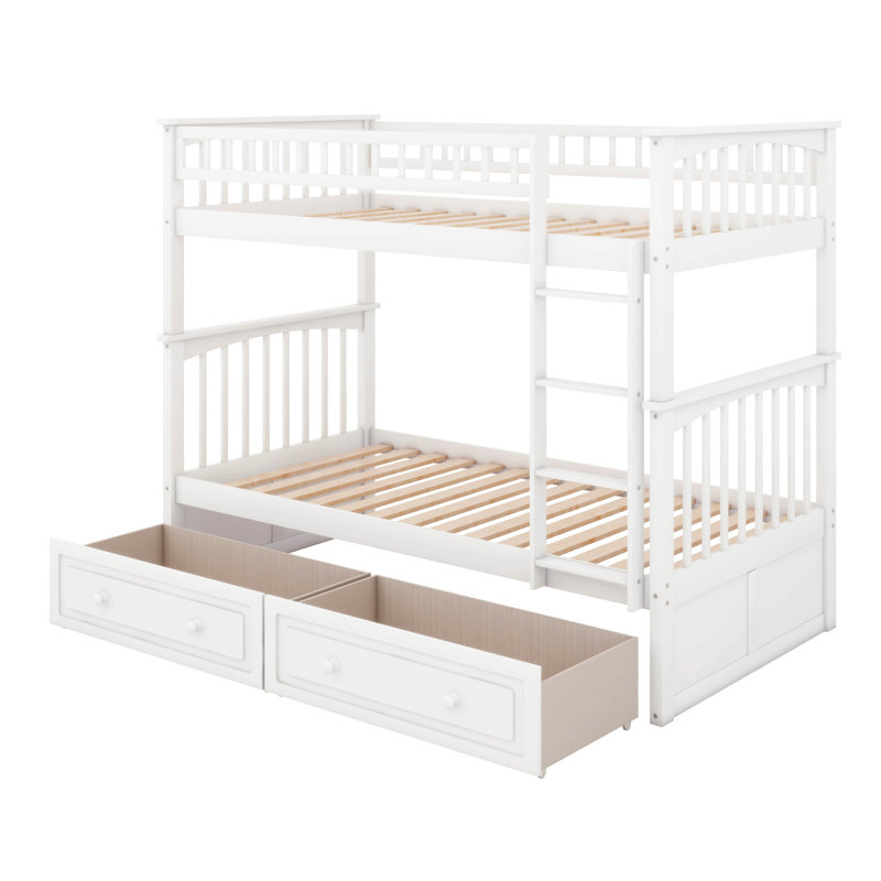 Lit superposé Kelmend avec tiroirs, lits convertibles, Twin Over Twin, White