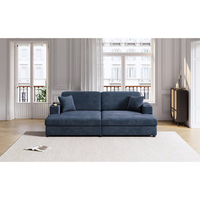 Blue Corduroy Bed With Two Ports, Functional Cup Holders And Stunning Throw Pillows For Bedroom & Living Room Furniture Connections, Stands Fluffy Com