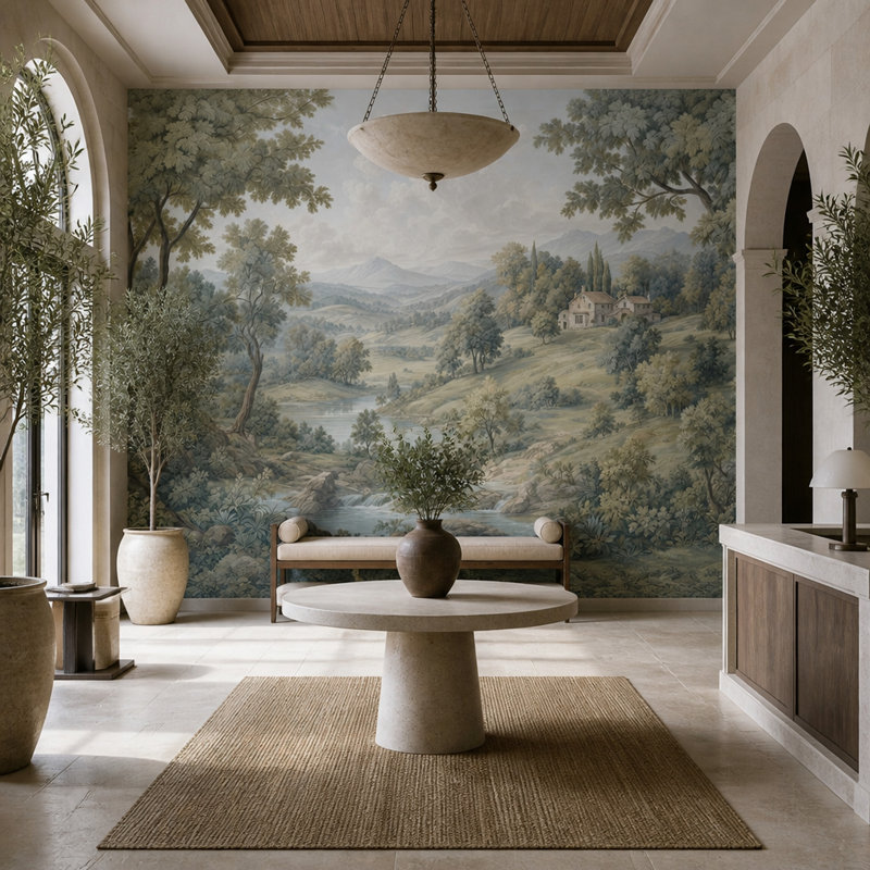 Papier peint ciel nuageux, paysage champêtre, villa rustique, fresque murale, 140 po x 108 po, Peler et coller