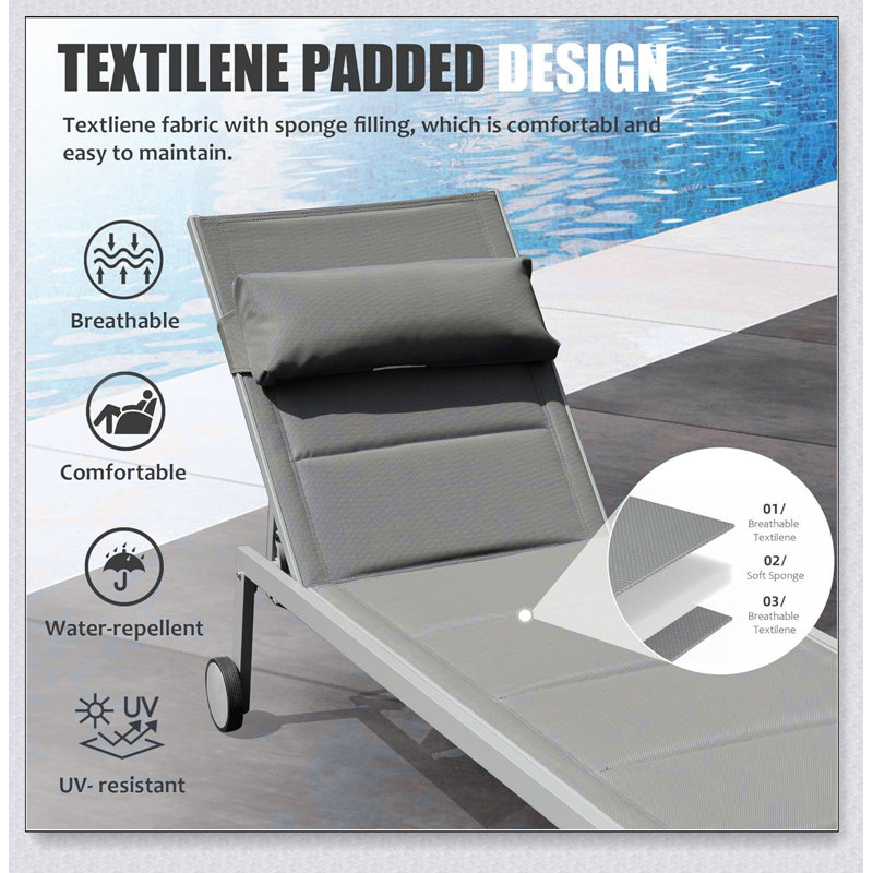 Outdoor Patio Chaise Lounge Set of 3, Aluminum Pool Lounge Chairs with Side Table and Wheels, Dark Gray
