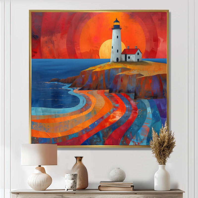 Reproduction d'art mural orange, phare côtier bleu, coucher de soleil I, Cadre flottant doré, H 36 po x l 36 po x P 1,5 po