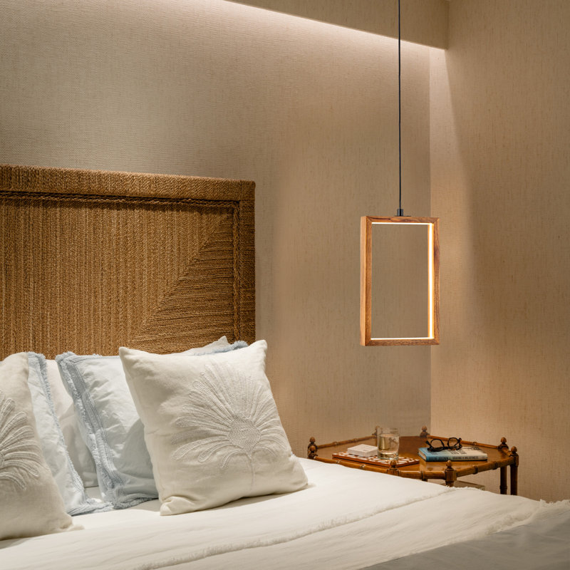 Luminaire suspendu carré / rectangulaire en bois massif naturel à 1 lumière DEL Evenny