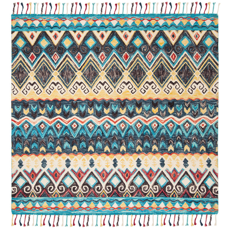 Vahakn Oriental Hand-Knotted Wool Blue Area Rug, Square 7'