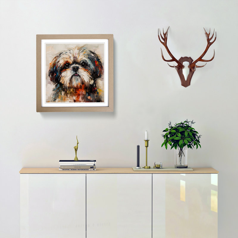 Shih Tzu Palette Knife Painting - Framed Print, Oak