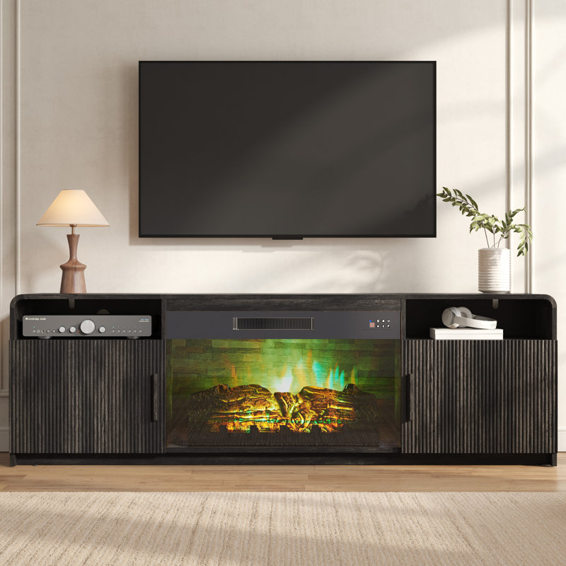 70"W Mid-Century Modern Fireplace TV Stand for TVs up to 75" with Fluted Doors & Large Storage & Curved Edges, Black, Black