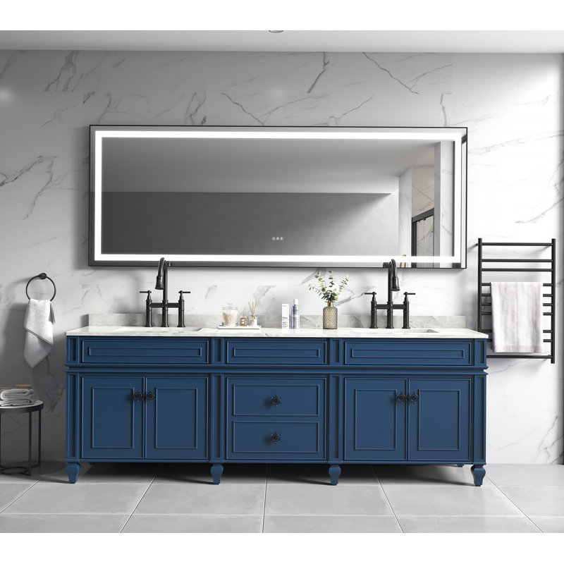 Miroir de salle de bain 96 x 48 pouces à DEL avec cadre en aluminium, miroir de meuble-lavabo mural, anti-buée, mémoire, 3 couleurs, réglable en continu