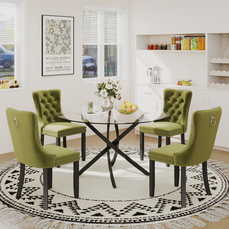 Table de salle à manger ronde en verre de 47 po, plateau en verre transparent épais, base en métal à pieds croisés, table de cuisine minimaliste moderne pour la salle à manger et la maison