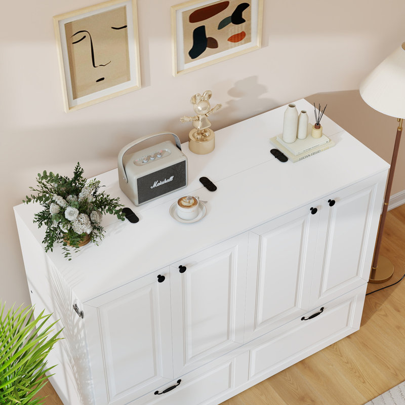 Wood Murphy Bed Cabinet with Charging Station, Large Storage Drawer, White, White