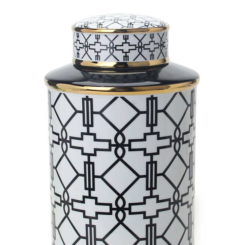 Elegant Ceramic Ginger Jars with Geometrical Design and Removable Lid, Black