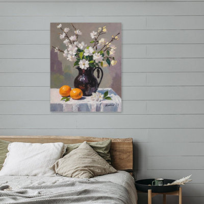 Fleurs et oranges dans un pichet, art mural encastré en bois, 20 L x 16 l