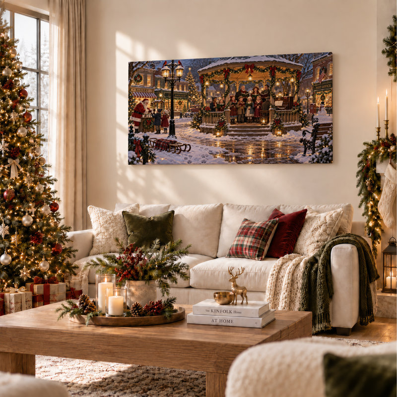 «Santa and Choir Singing in Snowy Town Square Christmas», art mural sur toile, L 46 po x H 24 po