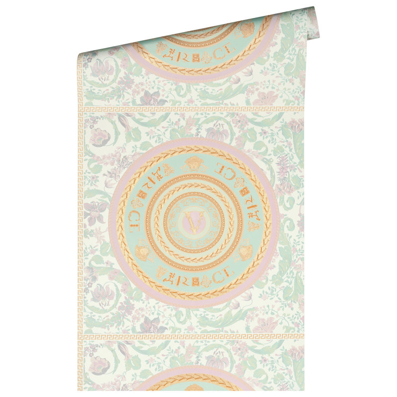 Versace Luminous Ember Unpasted Vinyl Wallpaper, Cream/Gold/Pink/Green