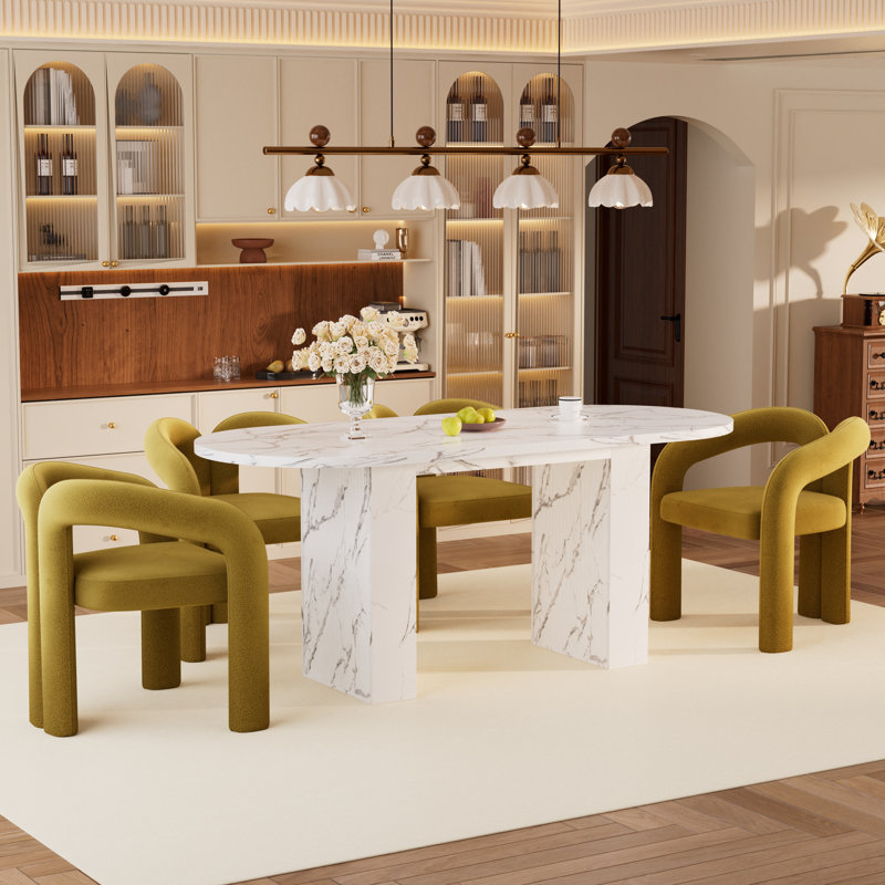 Ensemble de table de salle à manger 62,9 pouces, Blanc, 5 pièces: table, 4 chaises, Vert olive