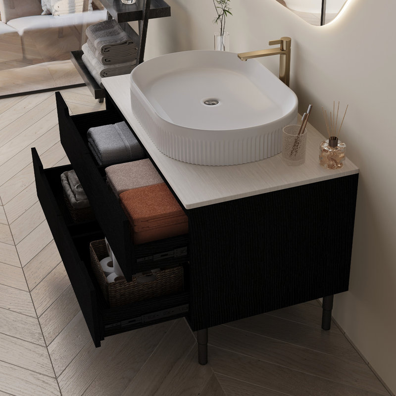 Meuble-lavabo de luxe 36 po, mural ou autoportant, lavabo monobloc en céramique et placage de polymère humidité