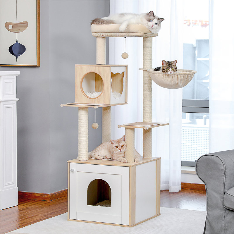 Arbre à chat de 56,7 po avec grand bac à litière, tour à chat en bois pour chats d'intérieur avec armoire de rangement, maisonnette confortable pour chat, poteau à griffes recouvert de sisal et boules suspendues remplaçables