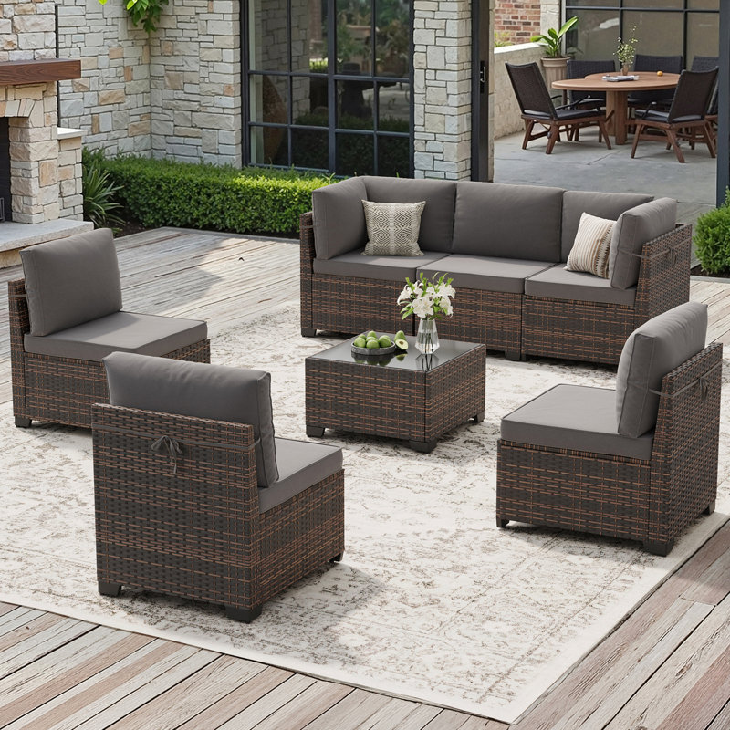 Ensemble de conversation modulaire en osier pour 6 personnes avec coussins, Gris, Brun
