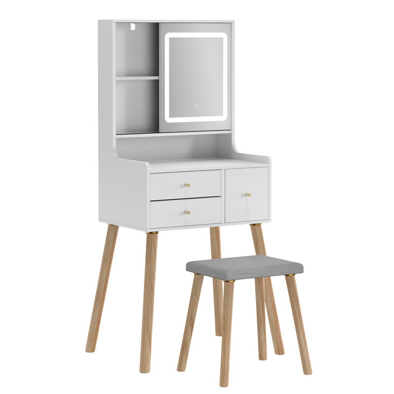 Vanity Desk Set With Square Mirror And Light, Small Vanity Table With Drawers