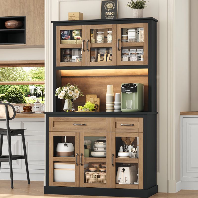 ON SALE 71''H LED Pantry with Charging Station, Microwave Stand and Adjustable Shelves, Black/Oak