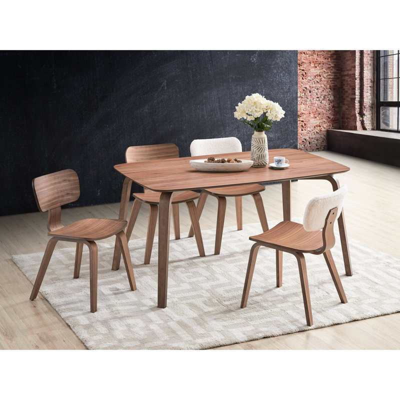Mobilier de salle à manger en finition noyer - 5 pièces avec 1 table rectangulaire, 2 chaises en bois et 5 pièces d'appoint