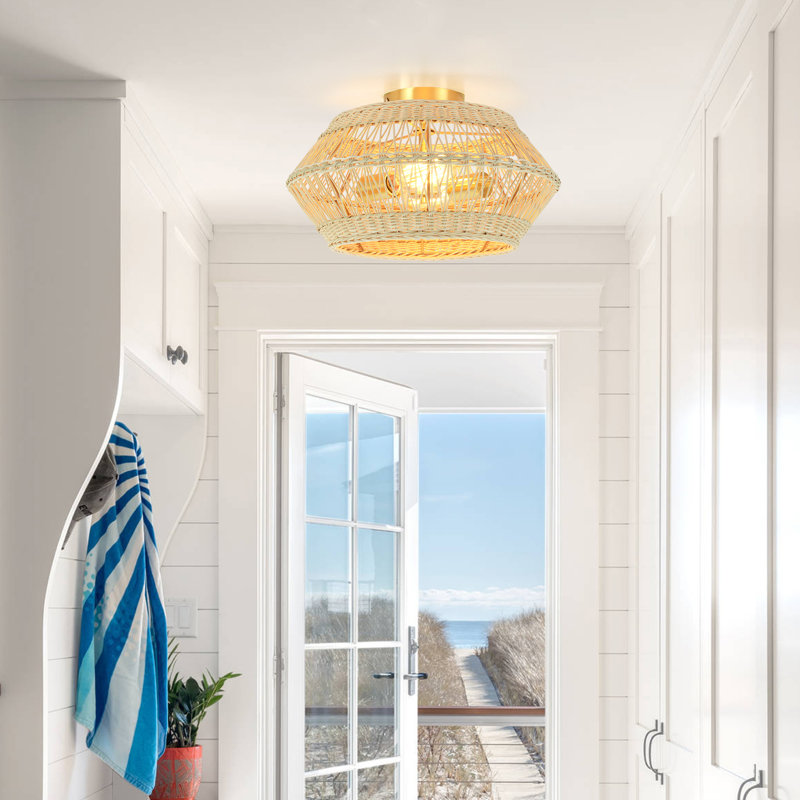 Fortner 2 - Light Dimmable Rattan Shaded Geometric Semi Flush Mount
