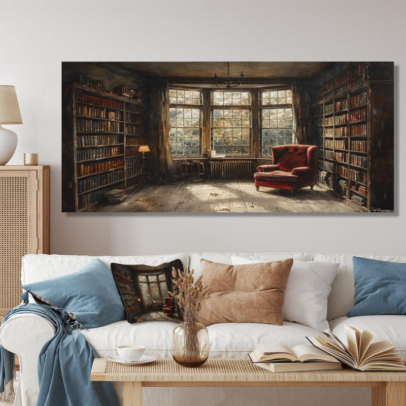 Brun brun beige, bibliothèque rétro, livres I - bibliothèques, Toile tendue, 24" H x 32" W