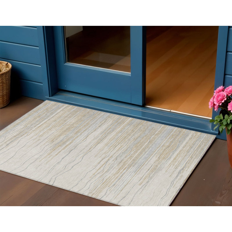 3' X 5' Linen Gray And Beige Striped Washable Indoor Outdoor Area Rug