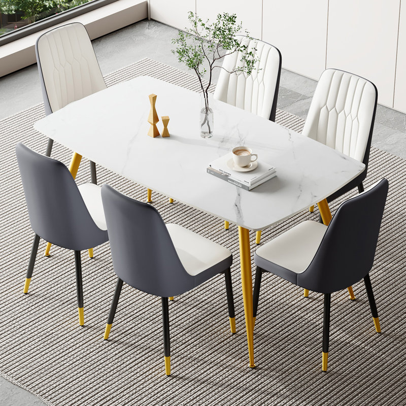 Ensemble repas en marbre, Blanc / gris, Or, 7