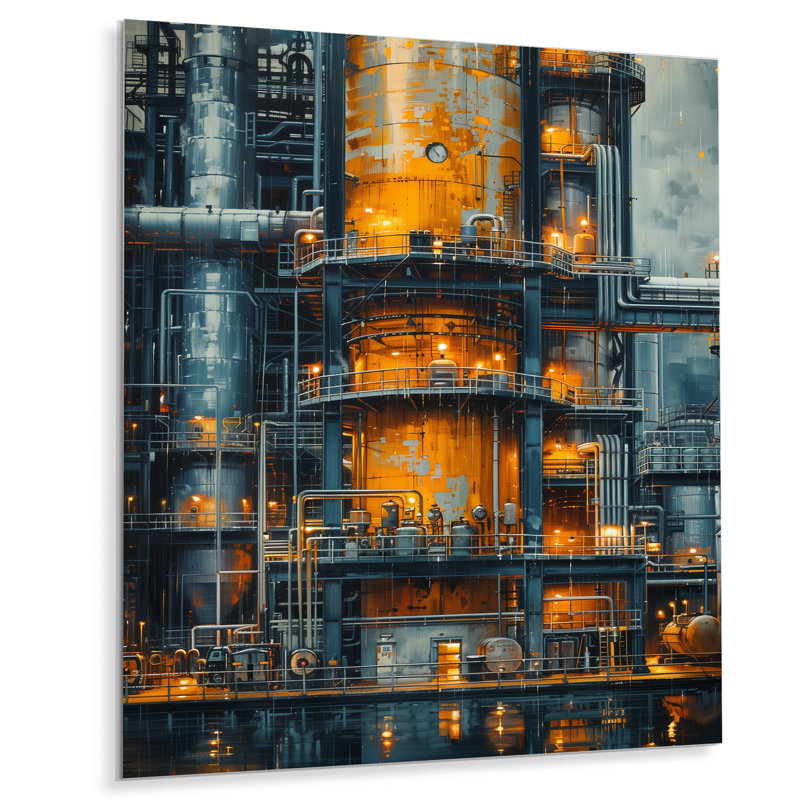 Art mural de raffinerie de pétrole dans la nuit II - usines, Métal métal, H 40 po x l 30 po x P 1,5 po
