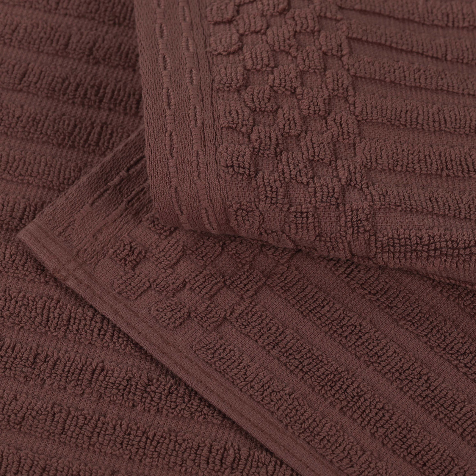 Ruvins Checkered Border Cotton Bath Towel Set, Brown