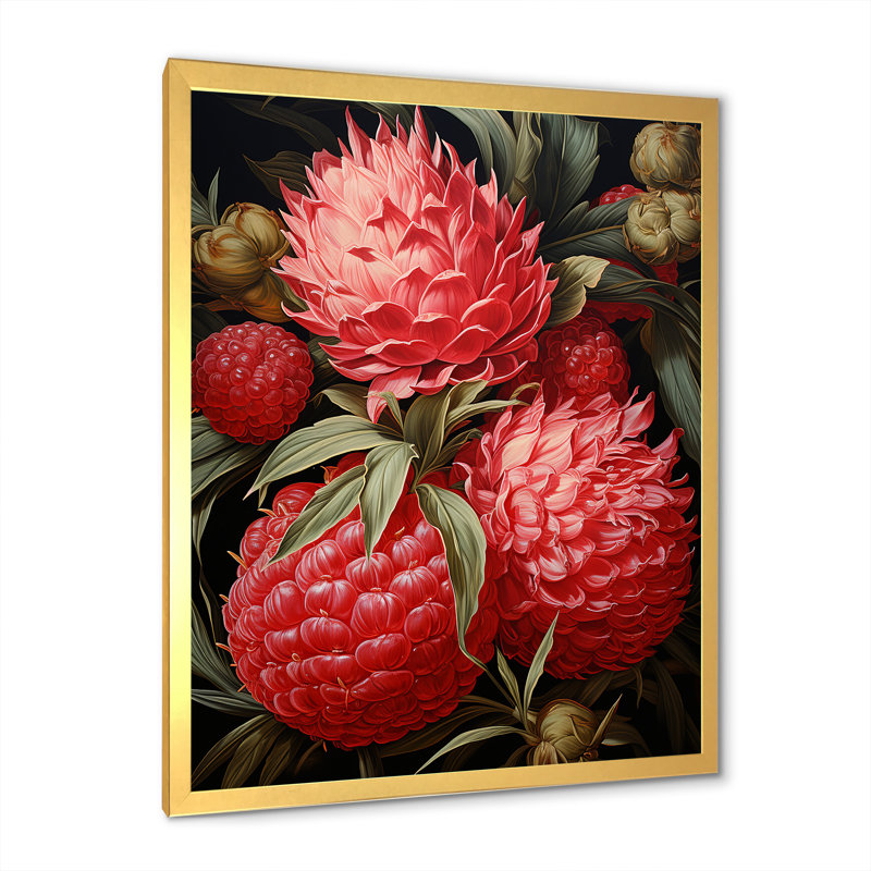 «Rustic Ruby Flower Impression II», art mural fleurs, Cadre doré simple, H 32 po x l 16 po x P 1 po