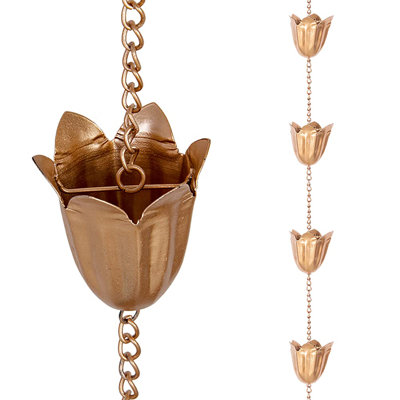 Chaîne d'eau de pluie en forme de tulipe de 8,3 pi avec 12 tasses, chaîne de collecte d'eau de pluie dorée réglable, tuyau de remplacement pour gouttière, drain de gouttière