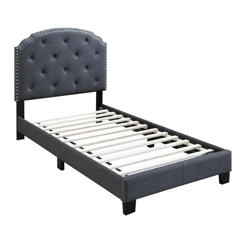 Lit plateforme tapissier Tuffeté Alvena, Simple, Gris foncé