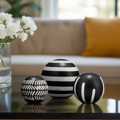 Decorative Orbs with Abstract Pattern for Living Room Accent - Modern Ceramic for Office or Home Decorations - Set of 3, 6", 5", 4", Black & Ivory