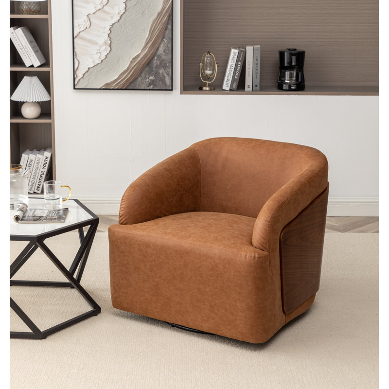 Fauteuil demi-tonneau pivotant en similicuir Broderic, Similicuir brun
