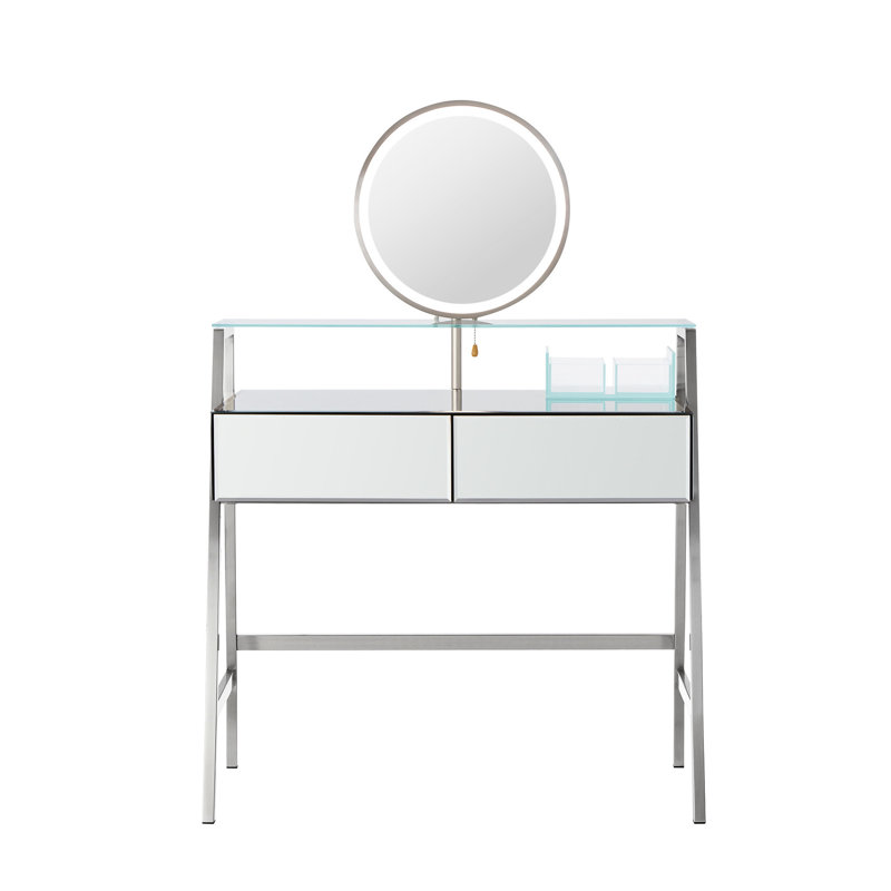 Console de meuble-lavabo à miroir argenté pour la chambre à coucher avec lumières et miroir, 2 tiroirs spacieux, tablette ouverte, support de charge, lumières de coiffeuse 33,9 po, pile de grands tiroirs,