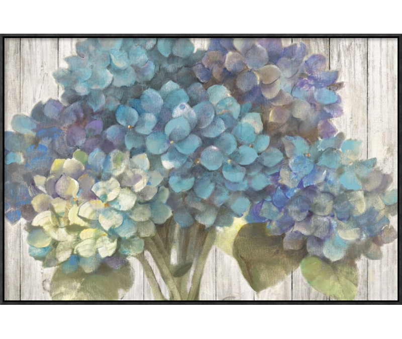 " Turquoise Hydrangea On Barn Board " by Albena Hristova, 12" H x 18" W, Wrapped Canvas, No Mat