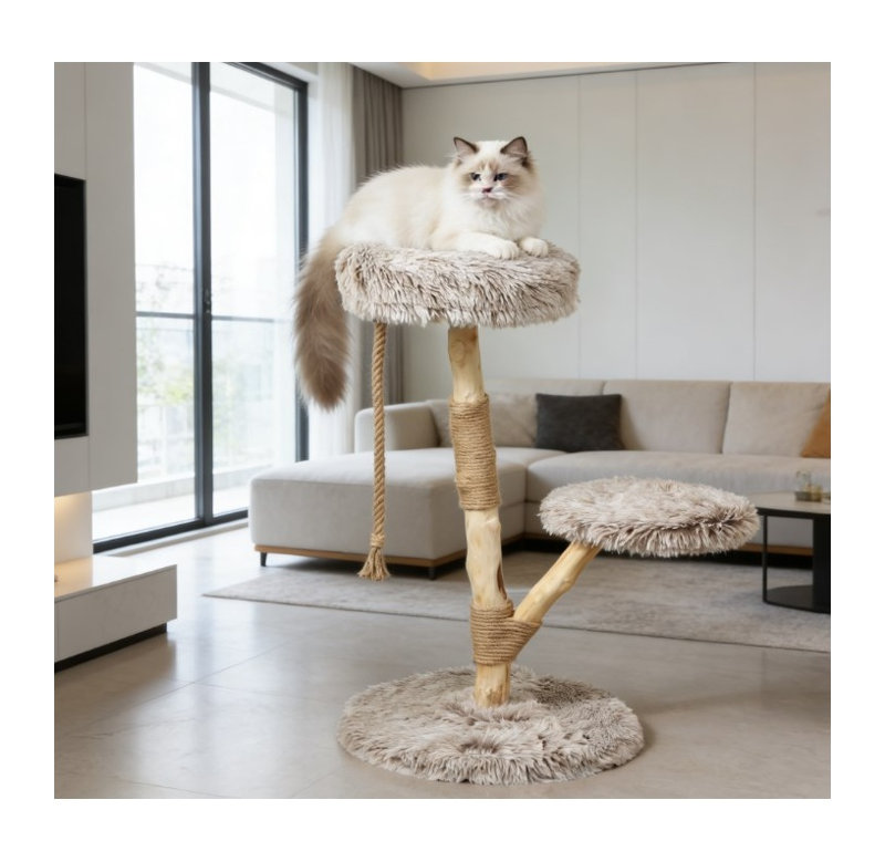 Brown and Natural Wood Cat Tree with Solid Wood Jute Scratching Posts